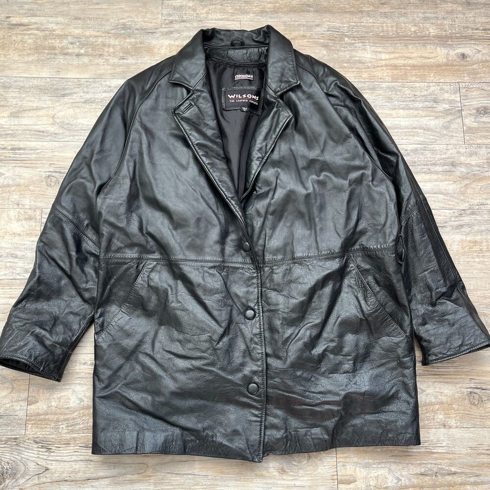 Wilson's Leather Coat Button Up Thinsulate XL Black Lining Thermal Vintage 90s